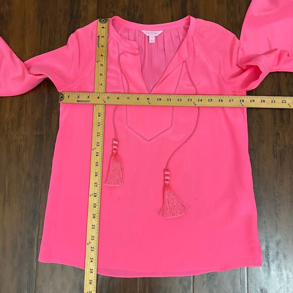 LILLY PULITZER Saria Top Blouse Pink Silk Satin Puff Sleeve Tasseled - Picture 13 of 13